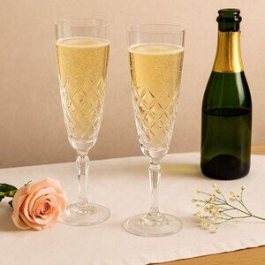 French Crystal Champagne Glasses VTG Set of 2 Cristal De Flandre Flutes Stemware